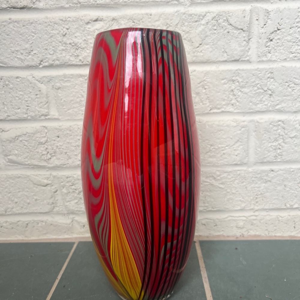 Vintage Murano Tutti-frutti Red, Black, Green and Yellow hand blown glass vase